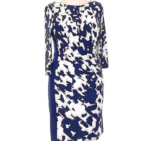 Ralph Lauren Navy & Cream (Size 16) Bateau Sheath Patterned Ruched Office Dress - Picture 5 of 16